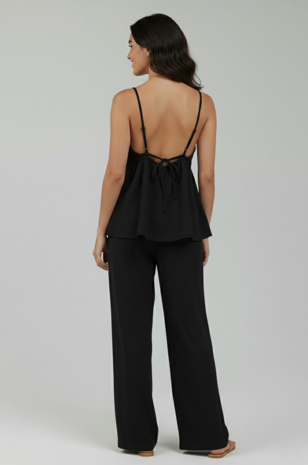 Katoen-linnen set – open rug & high-waist