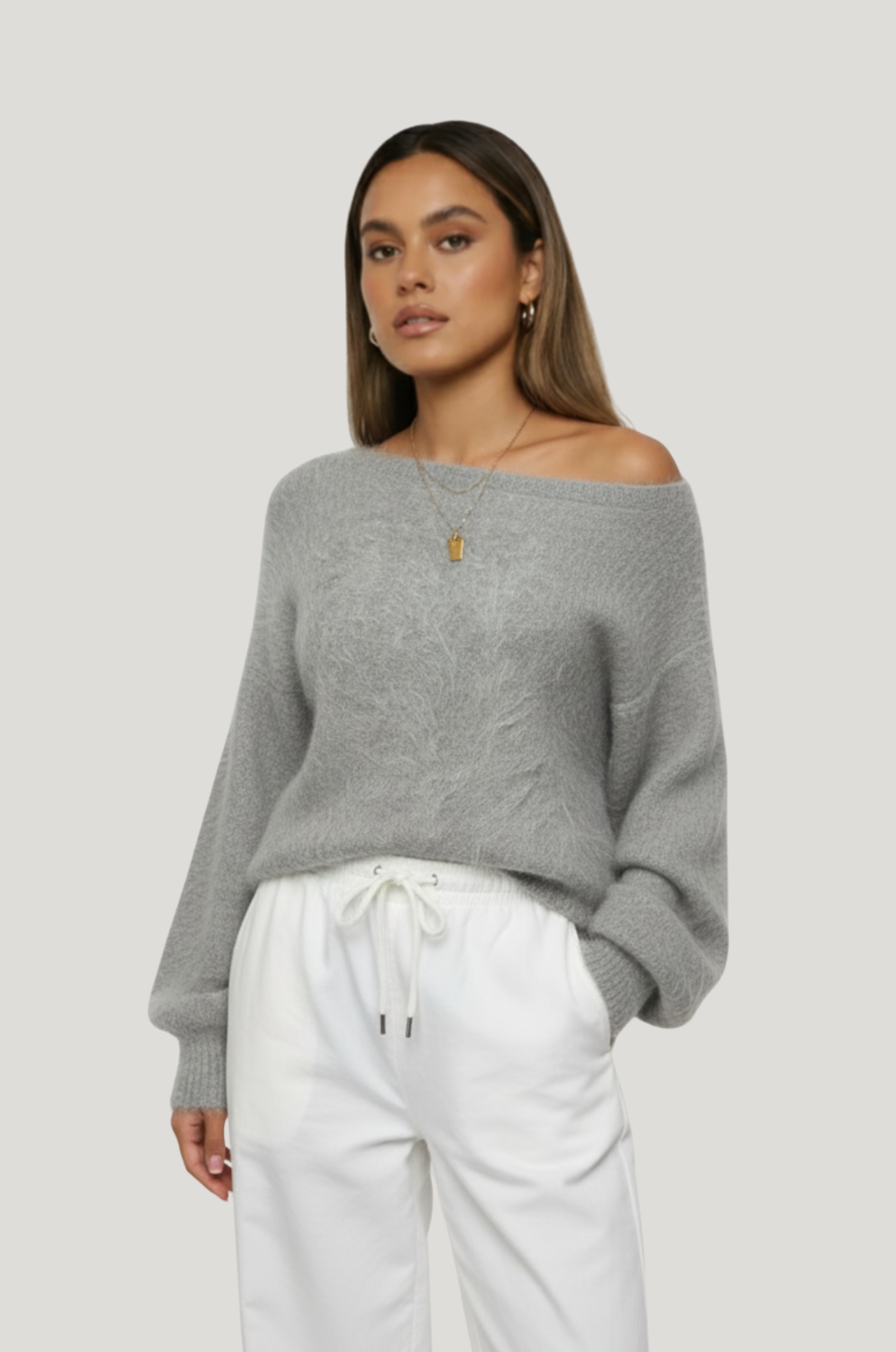 Dames mohair-look trui – off-shoulder