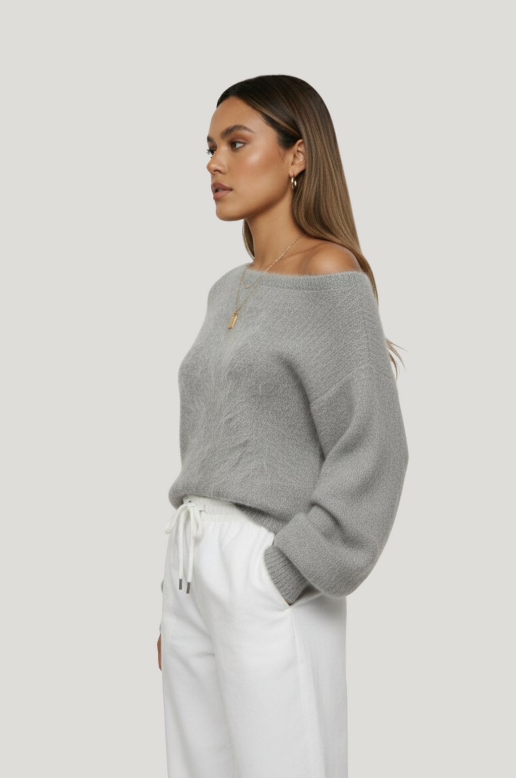 Dames mohair-look trui – off-shoulder